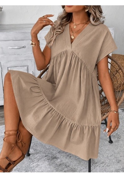 Butik İstanbul Kadın Kısa Kollu V Yakalı Fırfırlı Kısa Elbise Bej