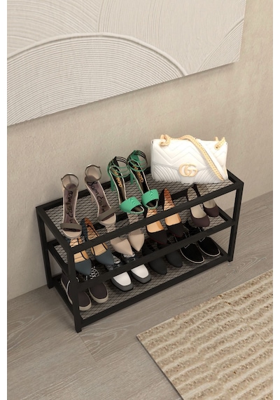 Aju Ayakkabılık Geniş Metal Modern Tasarım 3 Katlı Ayakkabı Rafı Dolabı Açık Vestiyer Siyah Aju Ayakkabılık Geniş Metal Modern Tasarım 3 Katlı Ayakkabı Rafı Dolabı Açık Vestiyer Siyah