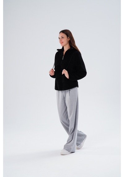 Gülmina Moda Kadın Çift Taraflı Wellsoft Yarım Fermuarlı Kapişonlu Sweat - Siyah