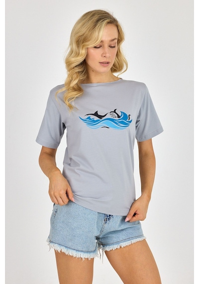 Yapay Zeka Tasarım Dijital Özel Baskılı %100 Pamuklu Penye Regular Fit T-shirt Gri
