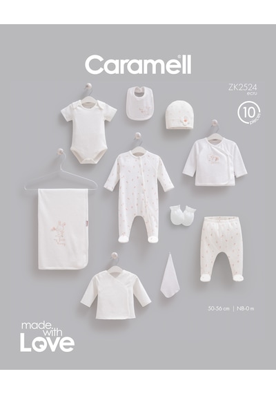 Caramell Love Bunny 10 Parça Hastane Çıkışı Zıbın Seti Ekru renkli