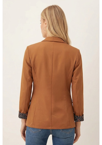 Armonika Kadın Camel Kol İçi Leopar Desenli Tek Düğmeli Ceket Arm-26k001088