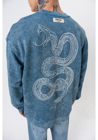 Respire Erkek Snake Nakışlı Yıkamalı Bisiklet Yaka Oversize Sweatshirt Petrol