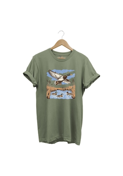 Hunting Avcılık Ördek Avı Sazlık Göl Baskılı %100 Pamuk Regular Fit Unisex T-shirt Haki