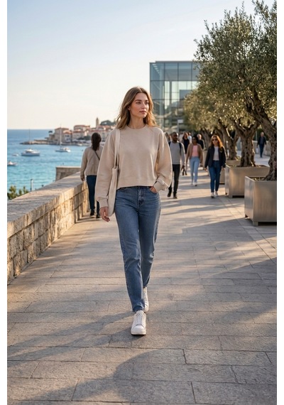 Luxıc Core Kadın Crop Bisiklet Yaka Sweatshirt Pamuklu Yumuşak Dokulu Günlük Spor Sweatshirt Krem