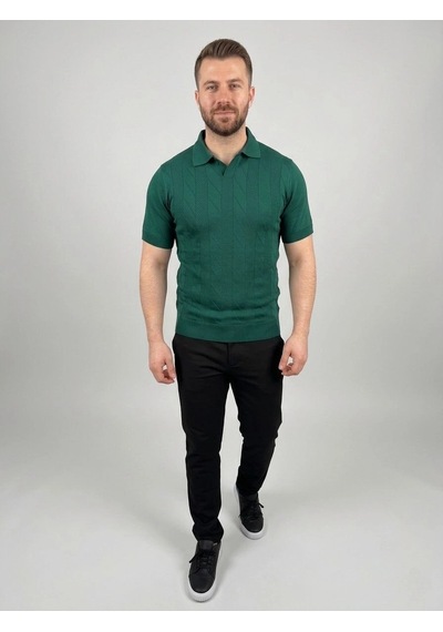 Erkek Yazlık Triko Dokuma Tişört Kısa Kol Polo Yaka T-shirt - Koyu Yeşil Çok Renkli