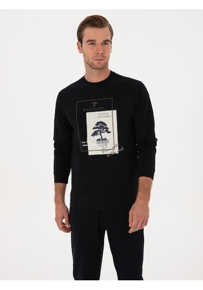 Lacivert Regular Fit Bisiklet Yaka Baskılı Sweatshirt