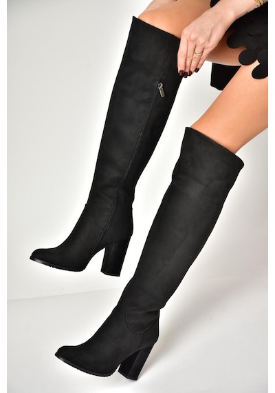 Fox Shoes A654018002 Siyah Lüx Süet Kalın Topuklu Kadın Çizme Siyah