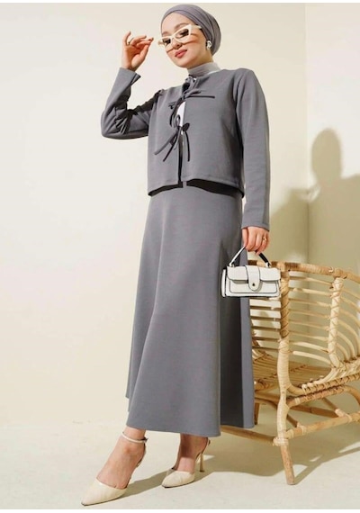 Lovie Moda Kadın Önü Bağcıklı Etek Takım Gri