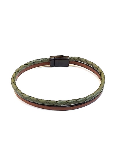 Olive Brown Pure Braid Zeytin Yeşili Örgü & Kahverengi Bant Erkek Deri Bileklik-1408 Antrasit
