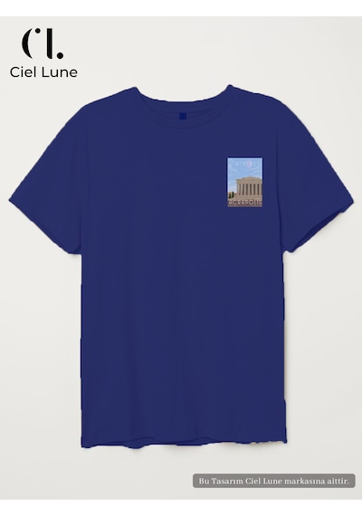 Unisex Kadın Erkek Athens Acropolis Baskılı Özel Tasarım Oversiz Mavi