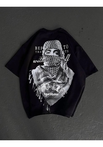 Freedom Storee Kadın Kısa Kol Tişört Bisiklet Yaka Filistin Poşülü Baskılı T-shirt - Siyah Çok Renkli