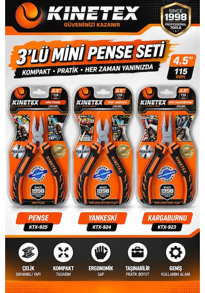 Kinetex 3 Lü Mini Pense Seti 115 Mm Mini Pense, Yankeski Ve Kargaburnu El Aletleri Seti Mini Kıvır