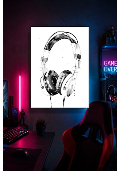 Minimal Oyuncu Kulaklığı Metal Duvar Tablosu Gamer Oda Dekoru Siyah Beyaz 30x40 Cm A3 Boyutunda