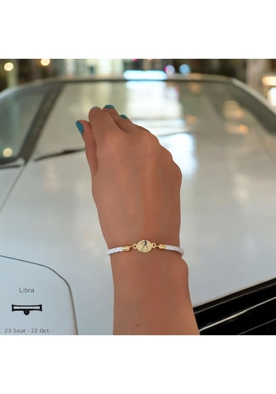 Terazi Burçlarına Özel Doğal Beyaz Derili Oval Motifli 14 Ayar Altın Plakalı Hediye Bileklik-529burç Terazi