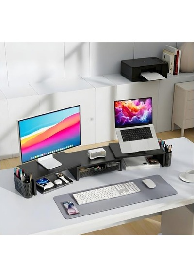Temel Siyah Çift Monitör Yükseltici Stand Çekmeceli Masaüstü Organizer 9216