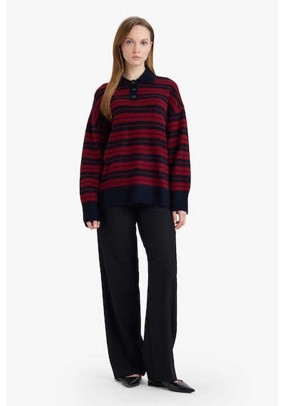 Defacto Loose Fit Polo Yaka Çizgili Triko Kazak Tunik G7240ax25cwnv207 Lacivert-nv207