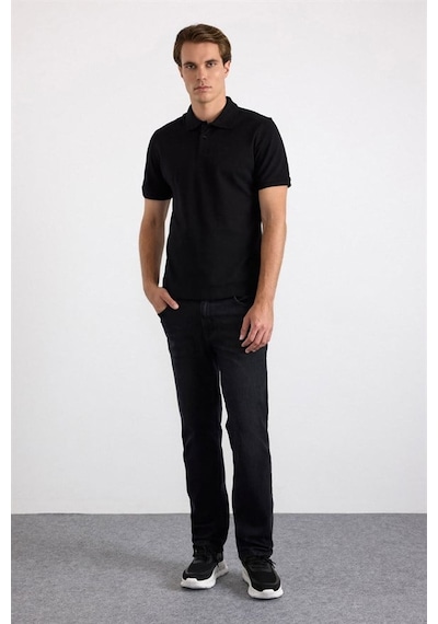 Süvari Siyah Regular Düz Nakışlı Pike Düğmeli Polo Yaka Tişört Ts1014000473-s09