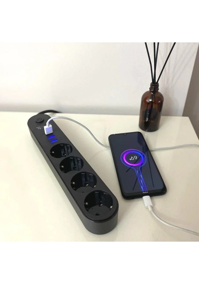 4lü Siyah Anahtarlı 3 Usb Li Akım Korumalı Topraklı Çocuk Korumalı Grup Priz 2 Metre -