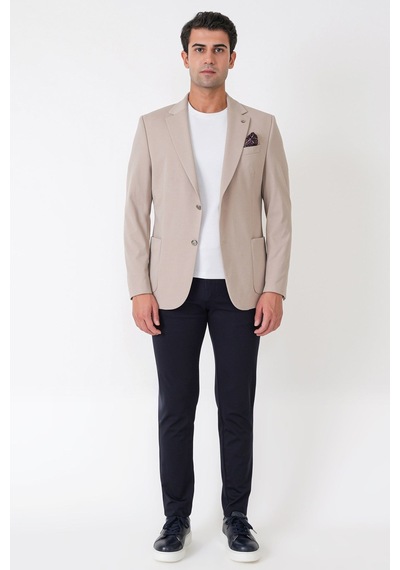 Comfort Fit Çift Yırtmaç Torba Cep Metal Düğmeli Bej Blazer Ceket C 734