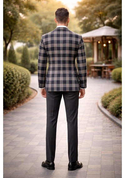 Erkek Kareli Desen Blazer Ceket Lacivert