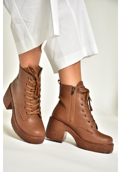 Fox Shoes T996533009 Taba Kalın Topuklu Kadın Bot Taba-Suni Deri Taba