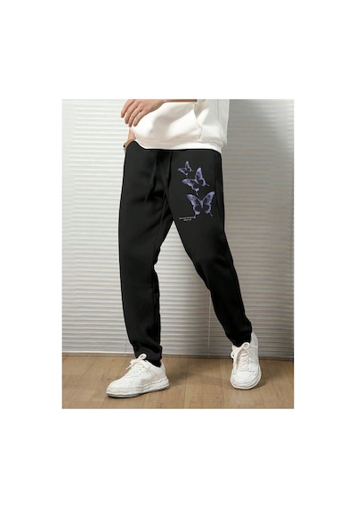 Tarzsokak Hypemode Butterfly & Slogan Graphic Drawstring Waist Eşofman Altı Siyah