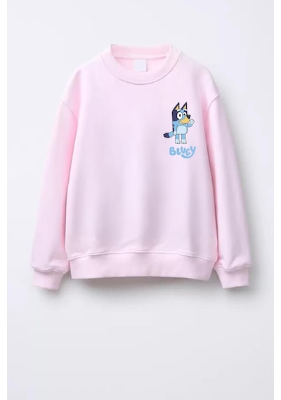 Monila Unisex Bluey Baskılı 3 İplik Kumaş Pamuklu Sweatshirt Pembe