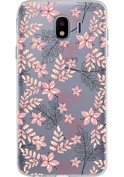 Samsung Galaxy Uyumlu J4 Kapak Floral Kırmızı Tasarımlı Şeffaf Silikon Kılıf