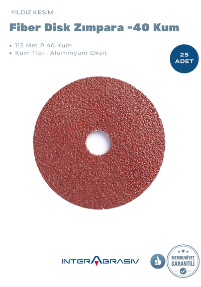 Fiber Disk Zımpara 115 Mm P 40 Kum, Yıldız Kesilm, Alüminyum Oksit 25 Adet