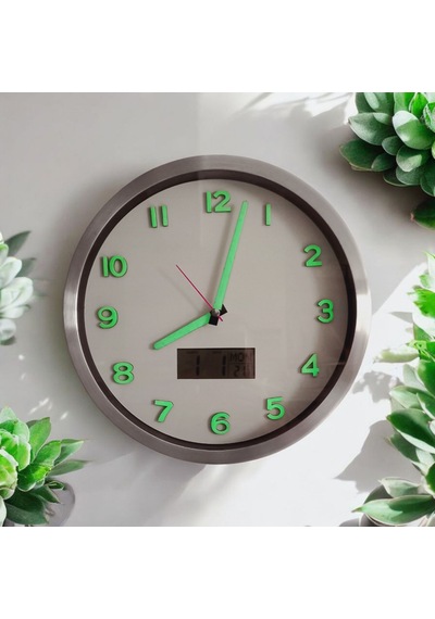 Fosforlu Termometreli Isı Ölçer Dijitalli Kabartma Rakam Beyaz Duvar Saati Metal Çap 30 Cm Beyaz