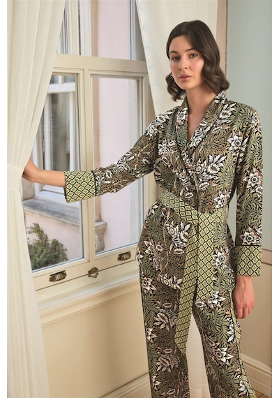 Monamise Kadın Çiçek Yaprak Ve Etnik Desenli Pijama Takımı 24146 Siyah