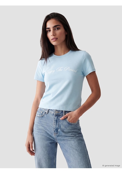 Lcw Vision Mavi Nakışlı Soft Touch Kadın Tişört