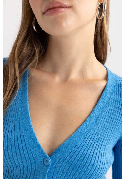 Defacto Coool Regular Fit Crop Düğmeli V Yaka Triko Hırka A2076AX23AUBE124 Mavi