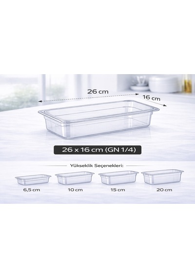 1/4 Gn Şeffaf Polikarbon Gastronom Küvet 26x16 Cm 6.5 Cm Derinlik