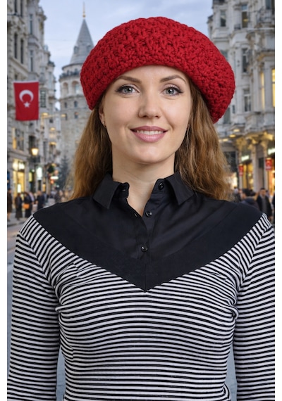 Kadın Fransız Ressam Bere Kırmızı Triko Kırmızı