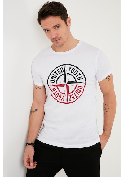 Buratti Baskılı Bisiklet Yaka Pamuklu Slim Fit Erkek T Shirt 541Pusula Beyaz