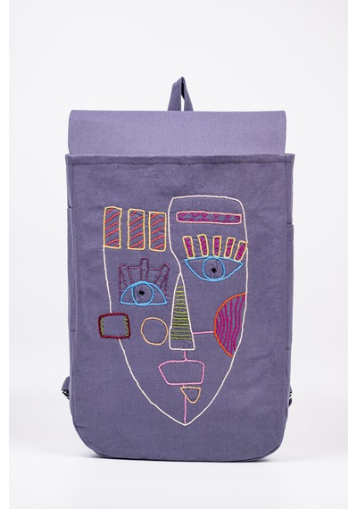 Fabric Craft Bag Sırt Çantası Pamuklu Nakışlı Figür Desen Mor