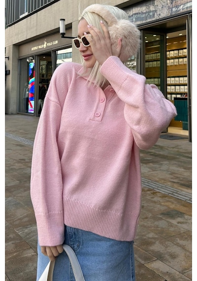 Madmext Pembe Düğmeli Polo Yaka Kadın Kazak Mg2307 Pembe