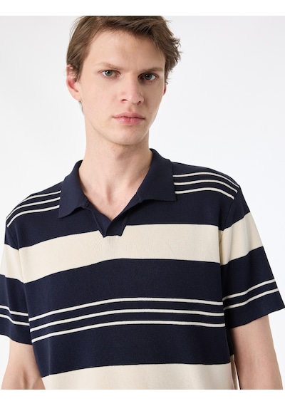 Koton Regular Fit Polo Yaka Çizgili Kısa Kollu Triko Tişört Ekru Çizgili 6sam70045ht