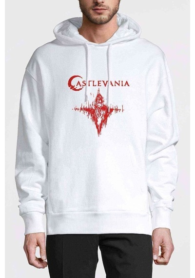 Castlevania Dracula Beckons Baskılı Beyaz Erkek Kapşonlu Sweat