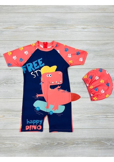 My Kids Wear Tatlı Dino Temalı Boneli Erkek Çocuk Mayo Takımı Lacivert - Pembe