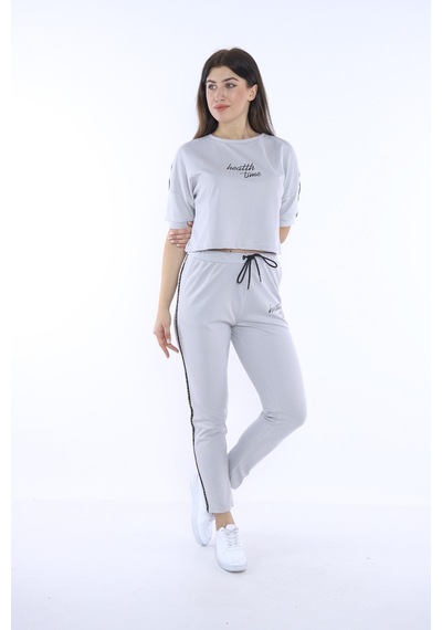Kadın-alt-üst T-shirt Takım, Rahat Kesim-3826 - S Gri