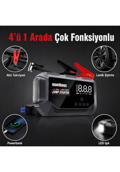 24000 Mah 4in1 Akü Takviye Cihazı 150 Psı Kompresör Lastik Şişirme Powerbank Eva Çanta 4000a Tepe Akım