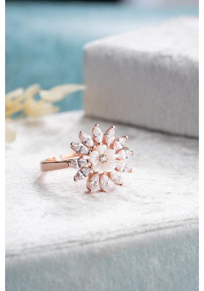925 Ayar Gümüş Ayarlanabilir Rose Kaplama Mekik Taşlı Manolya Çiçeği Yüzük Gümüş - Rose Gold