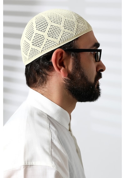 Makine Örgüsü Dantel Detaylı Namaz Takkesi Krem Krem