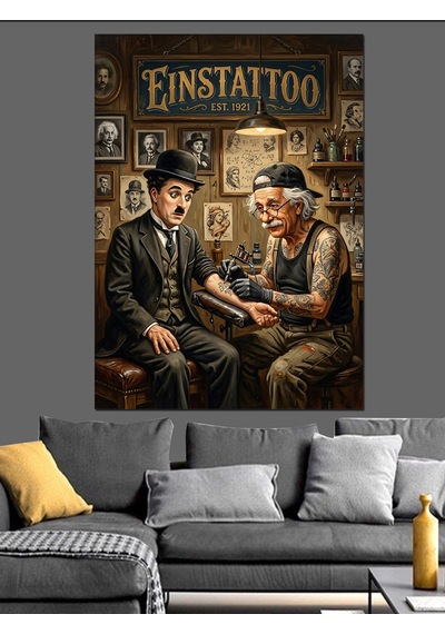 Charlie Chaplin Dövmeci Dükkanı Sahne Dekoratif Kanvas - Mdf Ahşap Tablo