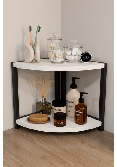 İki Raflı Banyo Köşe Oval Düzenleyici Organizer Raf Metal Gövdeli Çok Amaçlı Banyo Standı Beyaz