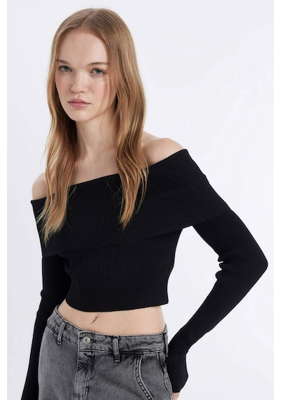 Defacto Coool Slim Fit Dar Kesim Açık Omuz Basic Düz Triko Kazak B6537AX24WNBK56 Siyah