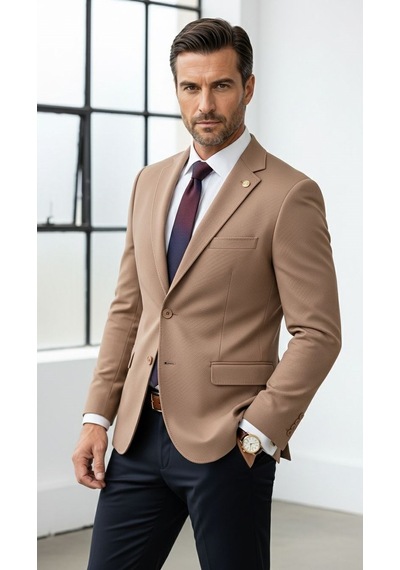 Plus Scorpion Erkek Slim Fit Çift Düğme Çift Yırtmaçlı Blazer Ceket Premium Dokulu Kumaş Taba